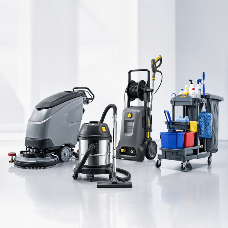 A lineup of cleaning machines and supplies: floor scrubber, vacuum, carpet extractor, pressure washer, and a rolling cart with cleaning chemicals and tools 