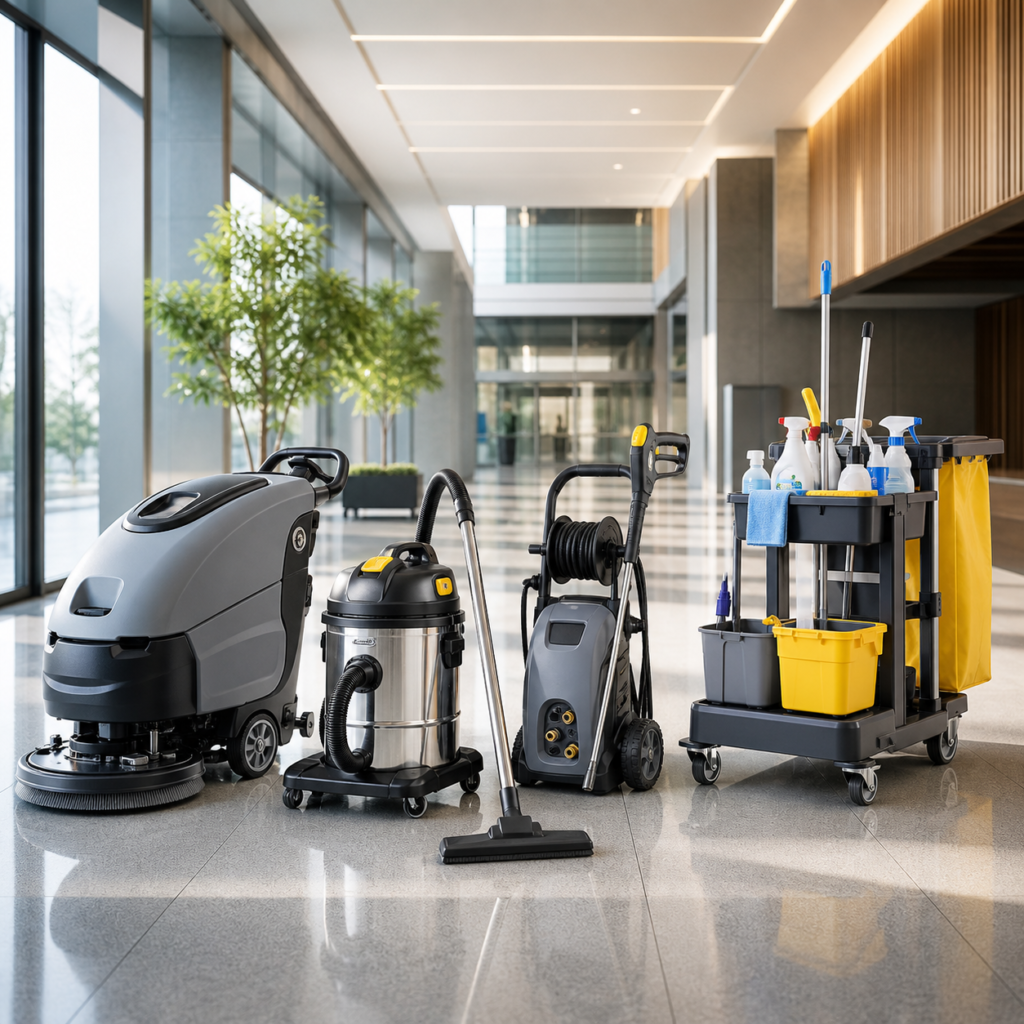 Cleaning equipment in a bright modern lobby: floor scrubber, upright vacuum, hose reel, and a cleaning cart with spray bottles and towels ready for use