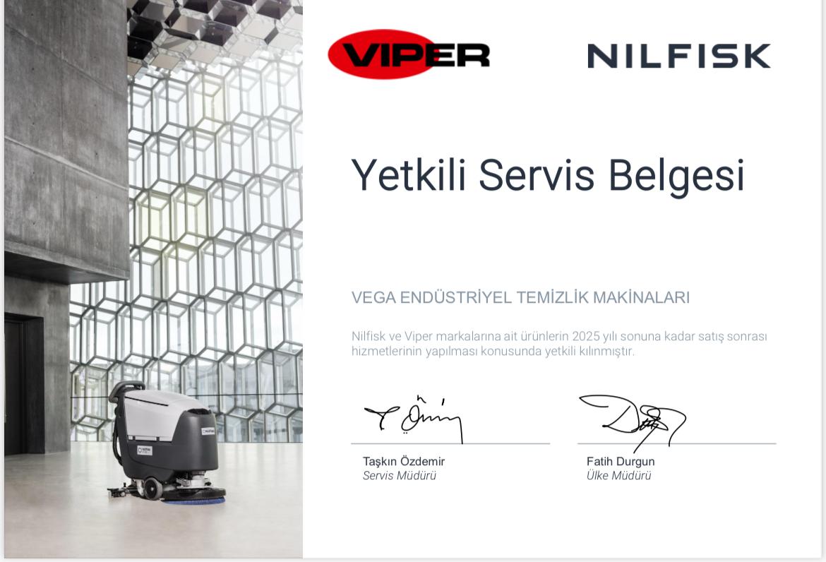Vega Endüstriyel Nilfisk ve Viper Yetkili Servis Belgesi